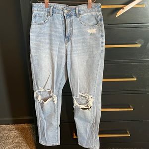 AE Mom jean high waisted straight leg light blue ripped knees